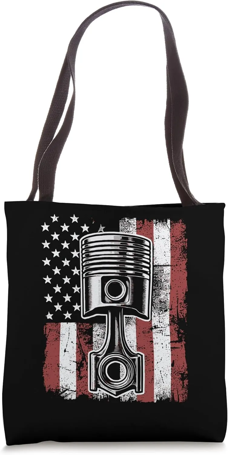Distressed USA Flag Piston Muscle Car Auto Mechanics Tote Bag