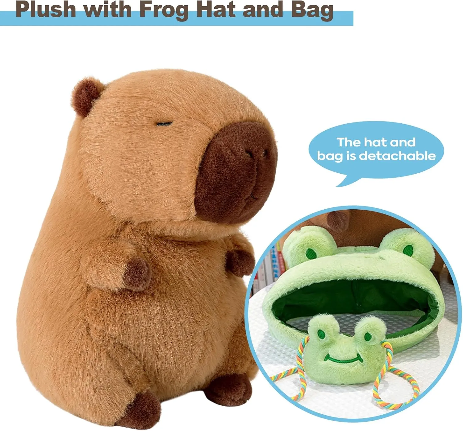 Ditucu Capybara Plush with Frog Hat & Mini Bag 9.8 inch Cute Capibara Stuffed Animal Soft Plushies Toys Gifts for Kids Adults Brown