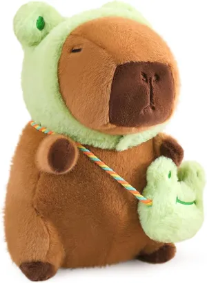 Ditucu Capybara Plush with Frog Hat & Mini Bag 9.8 inch Cute Capibara Stuffed Animal Soft Plushies Toys Gifts for Kids Adults Brown