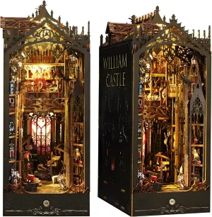 DIY Book Nook Kit for Adults and Teens, Dollhouse Miniature, Booknook Bookshelf Insert Decor Alley 3D Wooden Puzzle, Dark Gothic William Castle,Magic Bookends Bookcase Model Building