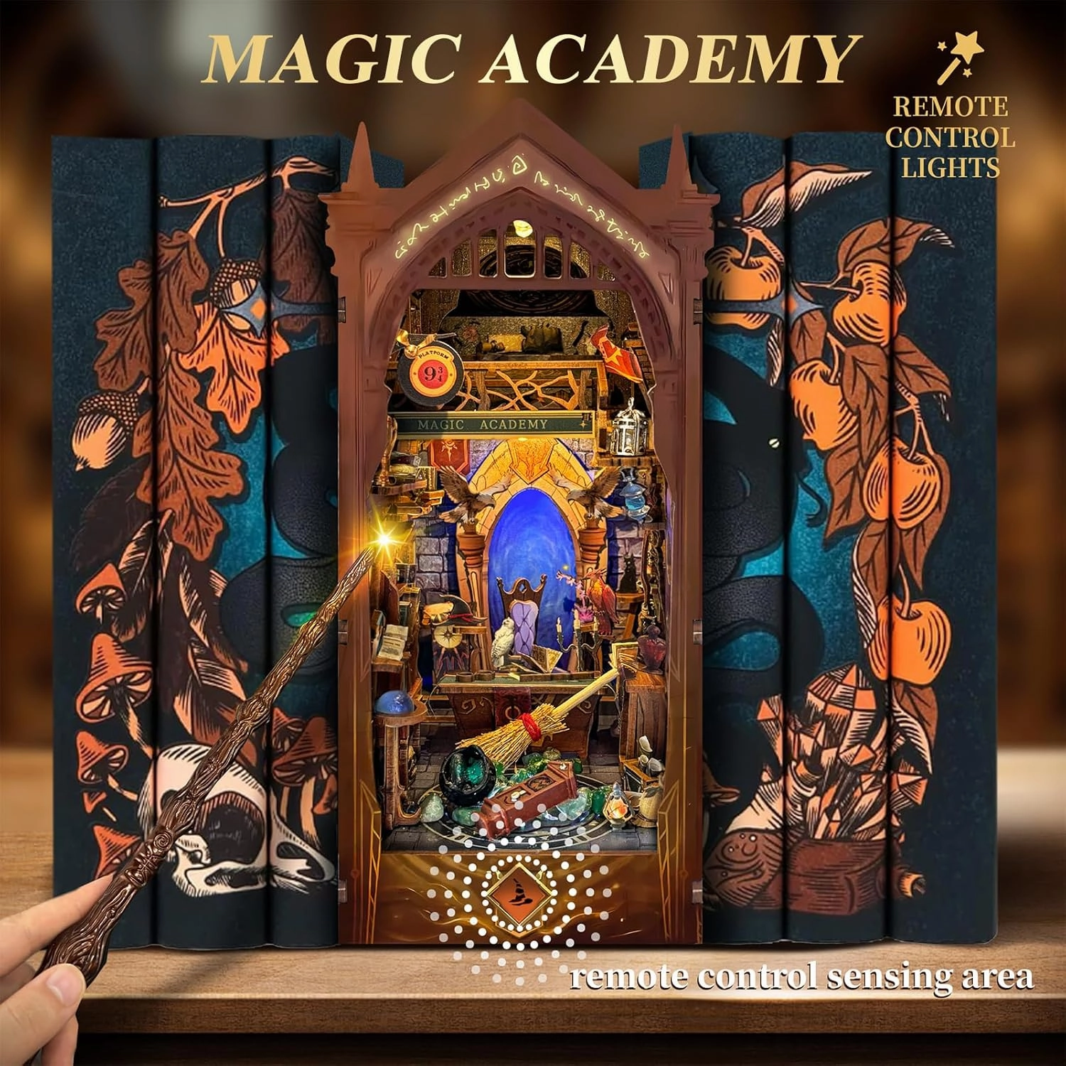DIY Book Nook Kit, DIY Miniature Dollhouse Kit for Adults and Teens, Book Nook Bookshelf Insert Decor 3D Wooden Puzzle Bookend Miniature Kit with Sensor Light Creative Craft (Magic Academy)
