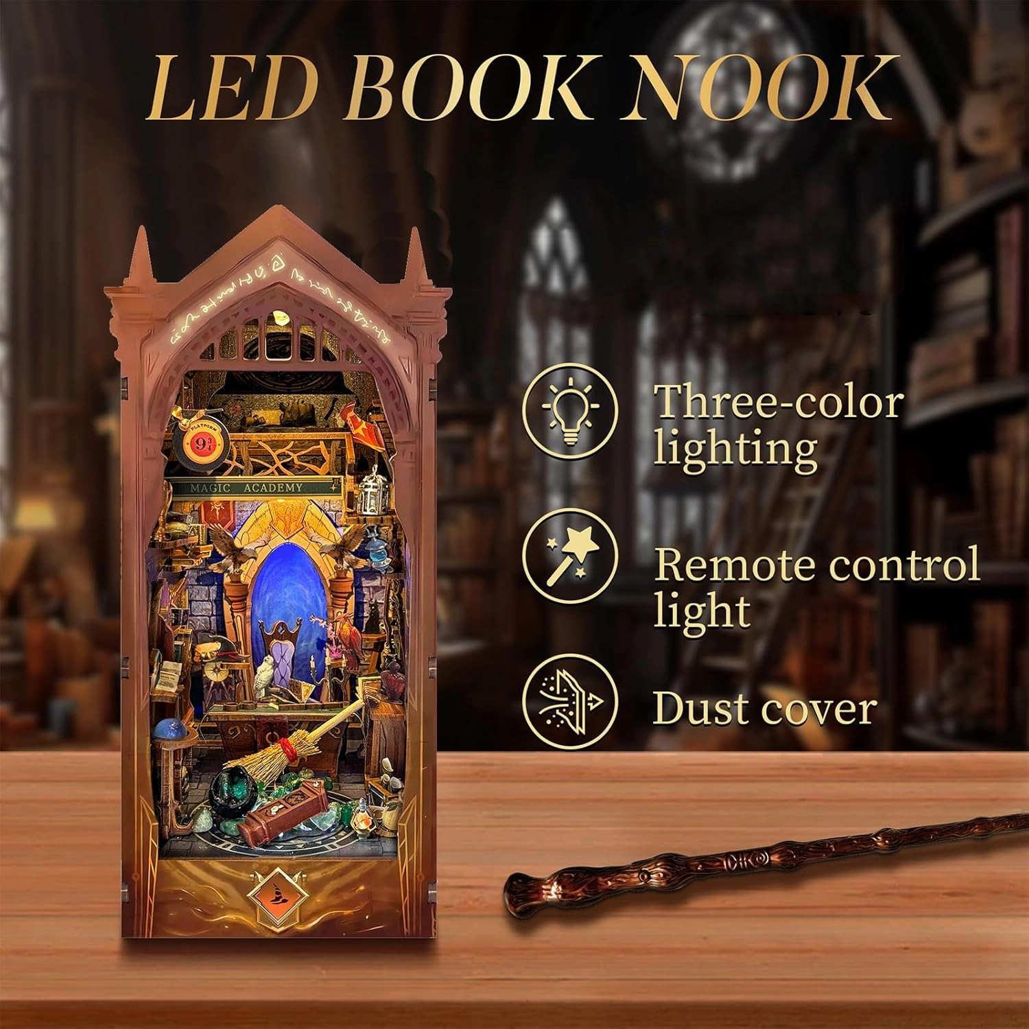DIY Book Nook Kit, DIY Miniature Dollhouse Kit for Adults and Teens, Book Nook Bookshelf Insert Decor 3D Wooden Puzzle Bookend Miniature Kit with Sensor Light Creative Craft (Magic Academy)