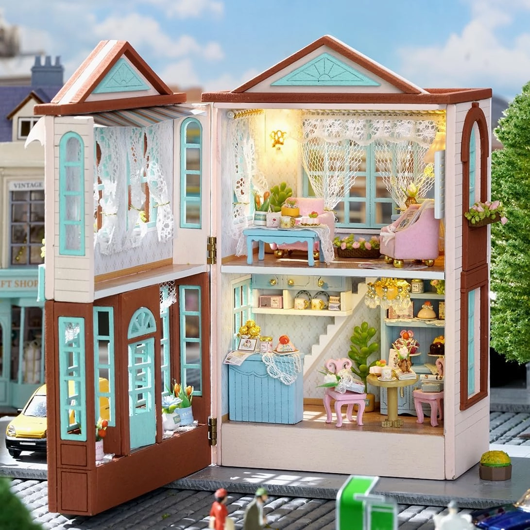 DIY Miniature House Kit, CUTEROOM Wooden Dollhouse Kit Mini House Making Kit with Furnitures, DIY Dollhouse Kit Birthday Gift for Women and Girls (Candy Cake)