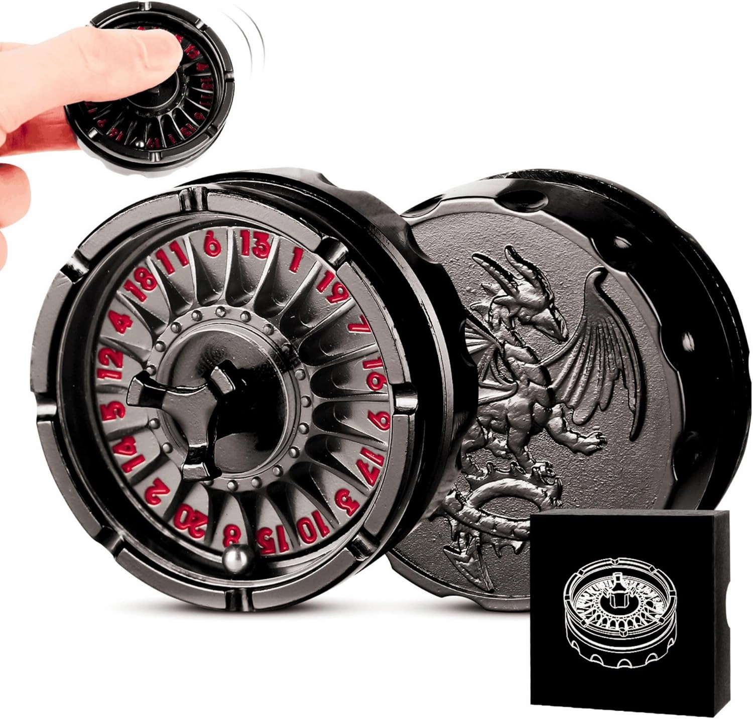 DND Dice Set with Mini Roulette Wheel – Metal D20 Roulette Dice Spinner for Dungeons & Dragons | Unique DND Gift Set with Case for RPG & Table Games(Black)