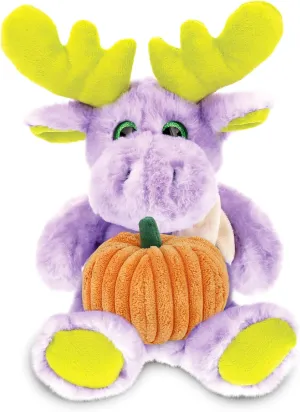 DolliBu Halloween Stuffed Animal Sitting Purple Moose Plush with Pumpkin - Cute Sitting Moose Stuffed Animal with Small Pumpkin Plush Perfect Halloween Plush Toys for Baby, Kids, Adults - 12 Inches