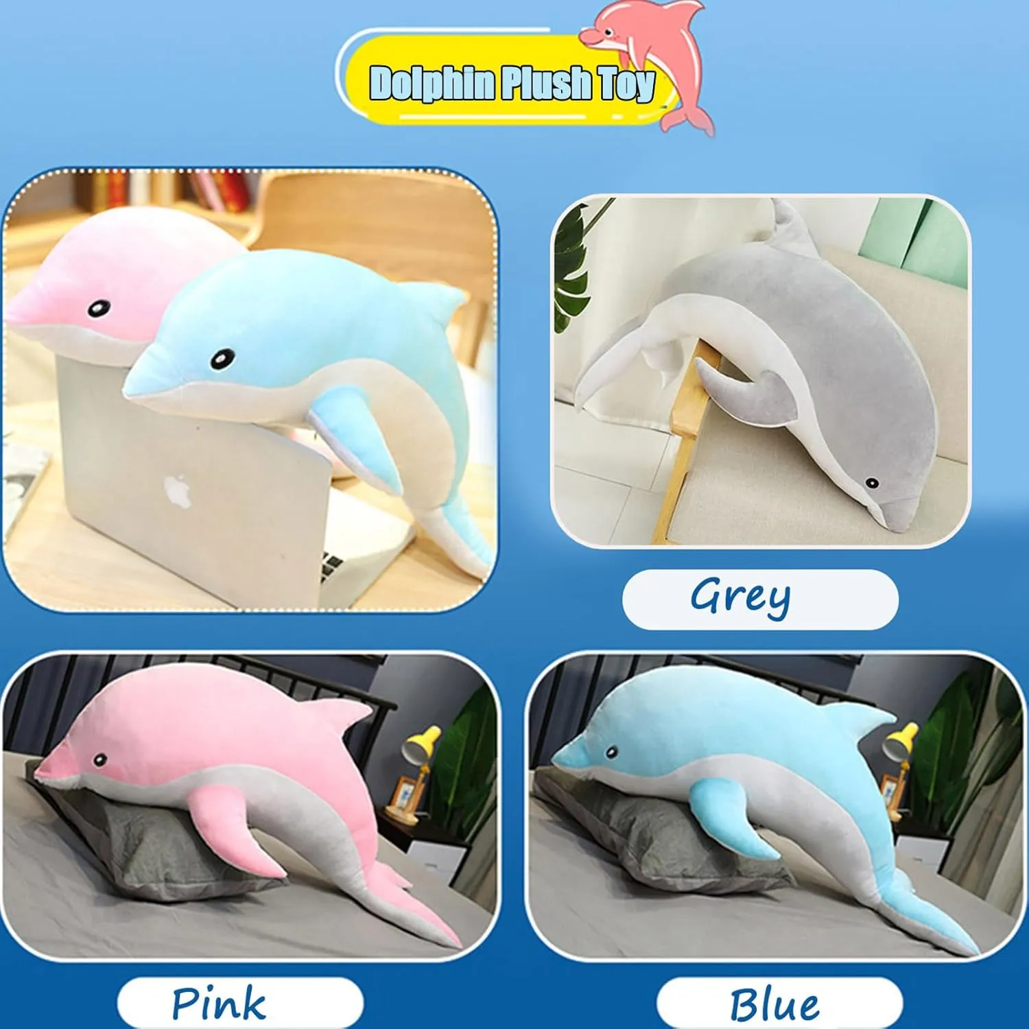 Dolphin Stuffed Animals Plush Pillow Super Soft Sea Animal Plush Toys Dolls for Boys Girls Sleeping Cushion Gift (100cm/39.37in, Grey)