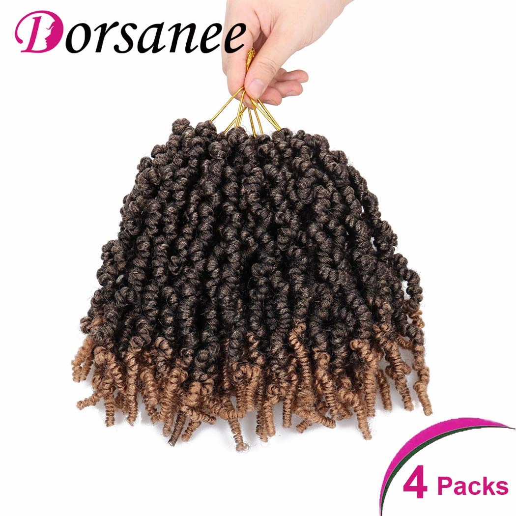 Dorsanee Pre-twisted Spring Twist Crochet Hair 8 Inch 4 Packs Short Curly Crochet Hair Pre Looped Crochet Braids Mini Passion Twists Fluffy Twist Synthetic Hair Extensions (8 Inch,T27#)