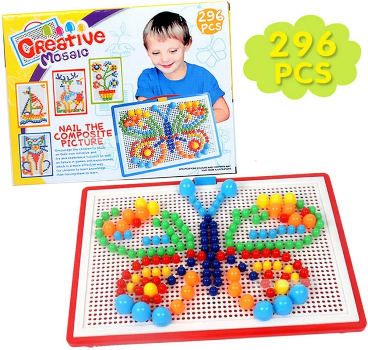 Educational Creative Mosaic Pegboard Puzzle Toys Set with Letters Numbers Random Color