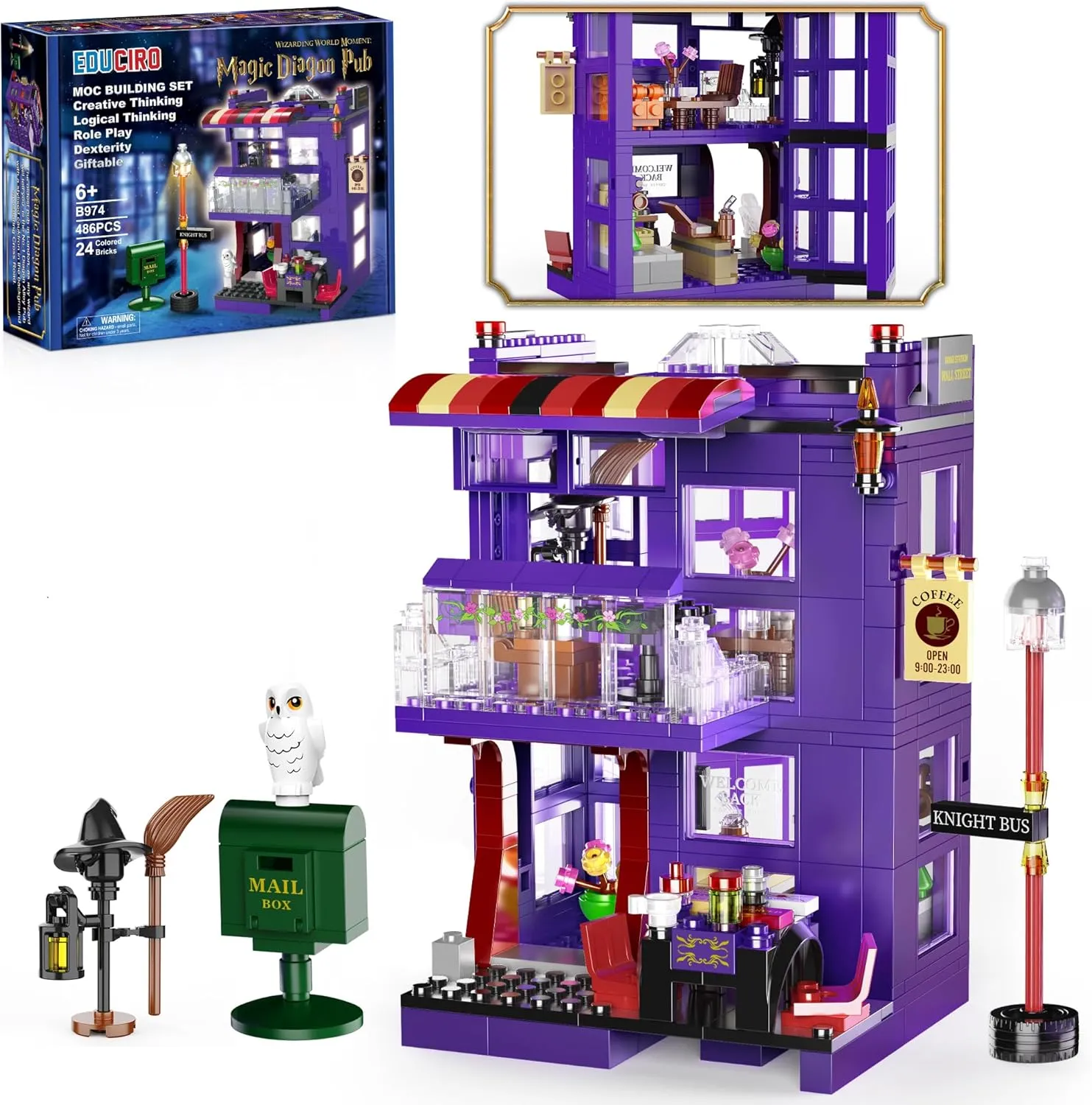 Educiro Harry World Diagon Alley- HP Knight Bus Pub Building Toy Gifts for Kids, Girls, and Boys Ages 8  (486 Pieces), Include Magic Wands and Wizard Snowy Owl