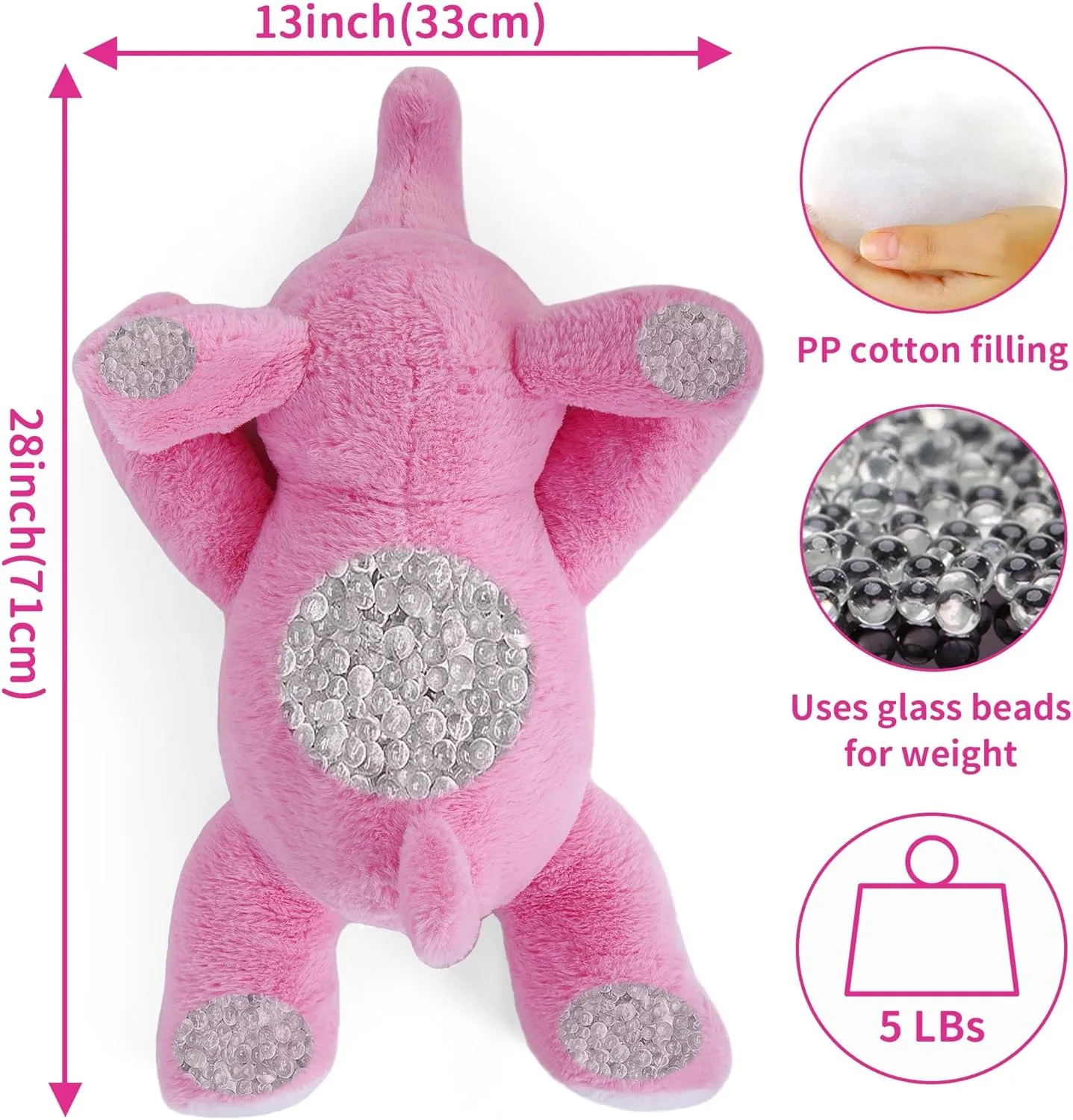 Elephant Weighted Plush Toy - 27" Comfort Big Weighted Throw Pillow, Cute Pink Elephant Plush Gifts for Kids & Adults (5 lbs)