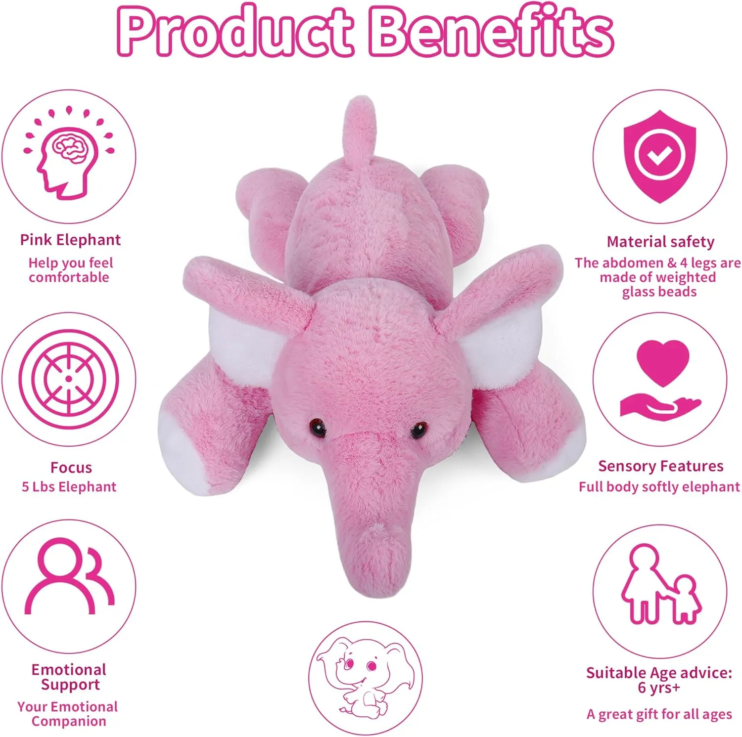 Elephant Weighted Plush Toy - 27" Comfort Big Weighted Throw Pillow, Cute Pink Elephant Plush Gifts for Kids & Adults (5 lbs)
