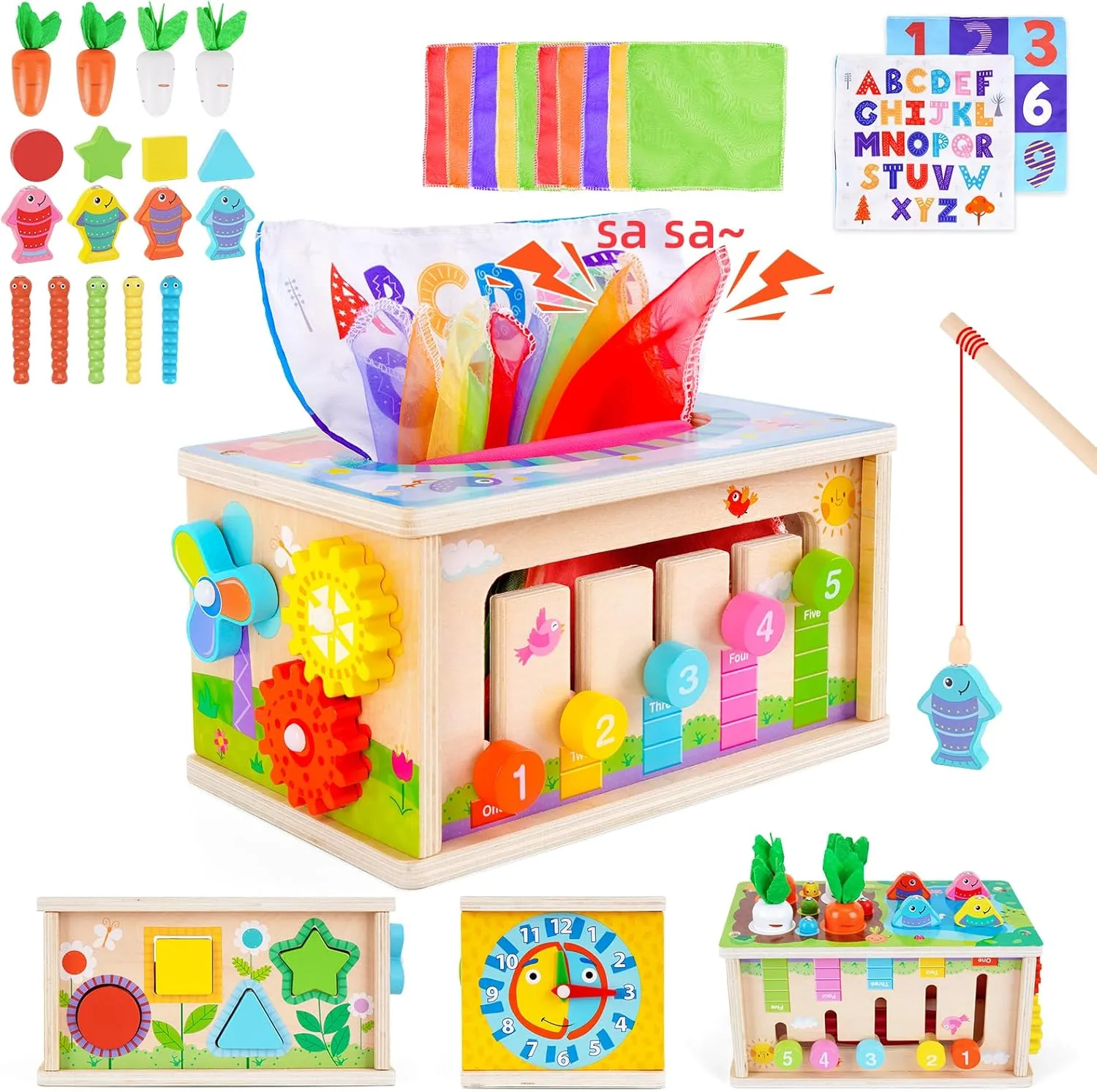 FCSONU Toddlers Montessori Toys for 3 Year Old Boys Girls, Wooden Baby Tissue Box Toys for Ages 3-4 Kids, Activity Cube|Sensory Toys for Toddlers 3, Christmas Birthday Gifts for 36  Months
