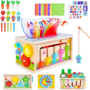 FCSONU Toddlers Montessori Toys for 3 Year Old Boys Girls, Wooden Baby Tissue Box Toys for Ages 3-4 Kids, Activity Cube|Sensory Toys for Toddlers 3, Christmas Birthday Gifts for 36  Months