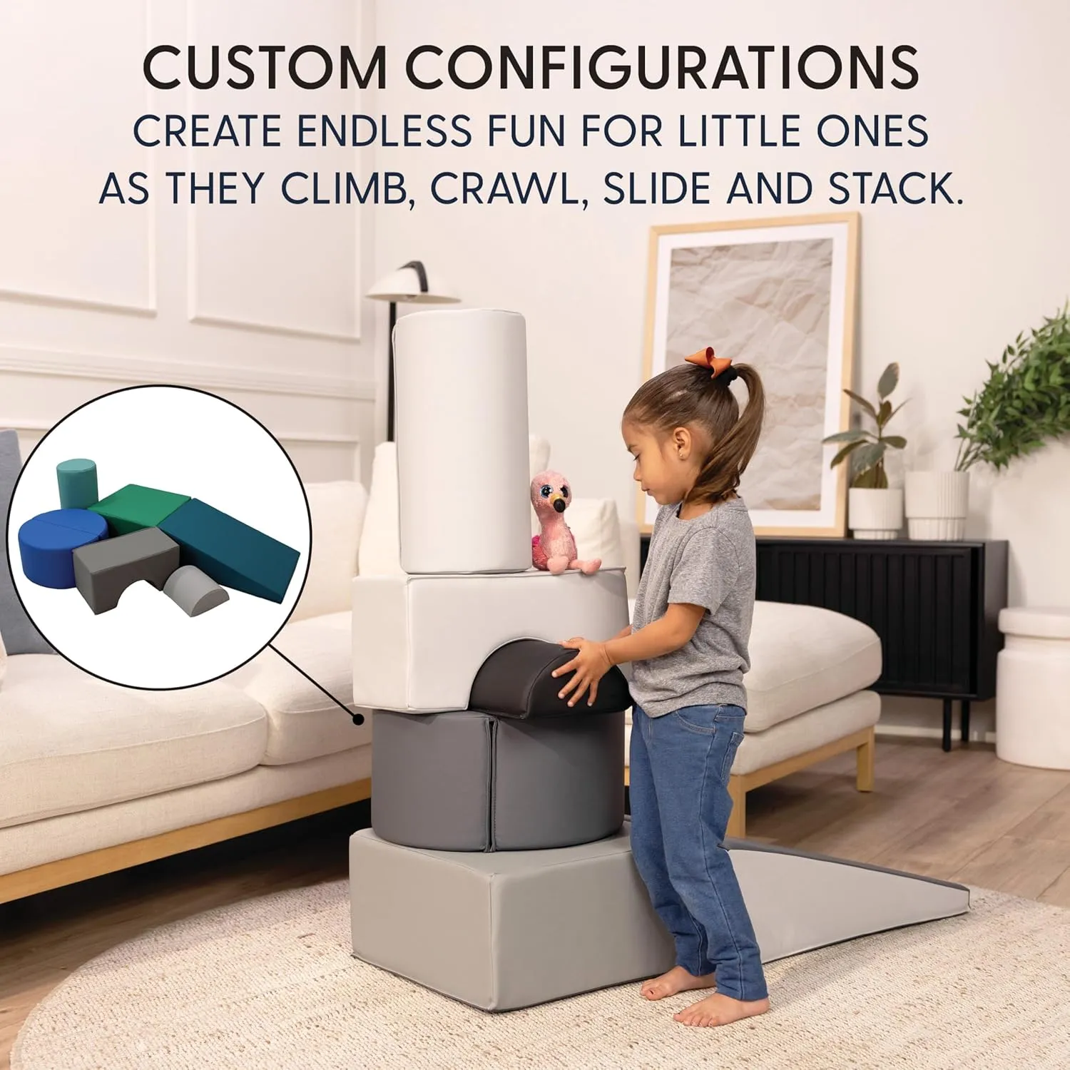 FDP SoftScape Playtime and Climb Multipurpose Playset for Infants, Toddlers 10m-2yrs; For Crawlers and Little Builders, Learn Gross Motor Skills at Home or Daycare (6-Piece)- Navy/Powder 12364-NVPB