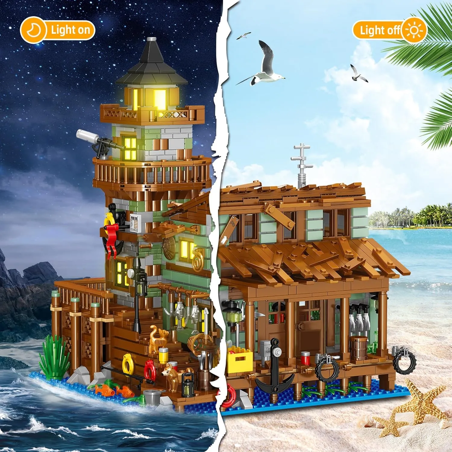 Fishing Village Store House Building Set with LED Light, 1881 PCS Wood Cabin Mini Building Block, STEM Architecture Toys Kit, Birthday Gift for Adults Ages 8-12  Years（Not Compatible with Set ）
