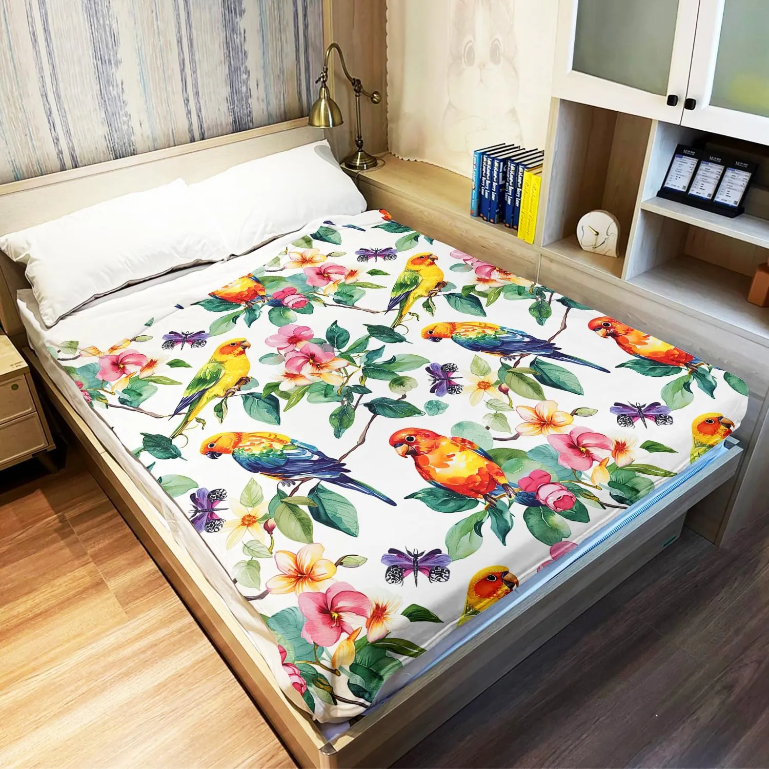 Floral Parrots Blanket, Flowers Leaves Butterfly Macaw Pattern, Super Soft Fleece Throw Blankets for Couch Sofa Bed, 50" x 60"