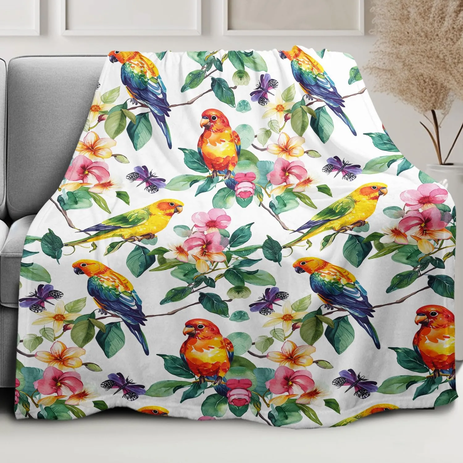 Floral Parrots Blanket, Flowers Leaves Butterfly Macaw Pattern, Super Soft Fleece Throw Blankets for Couch Sofa Bed, 50" x 60"