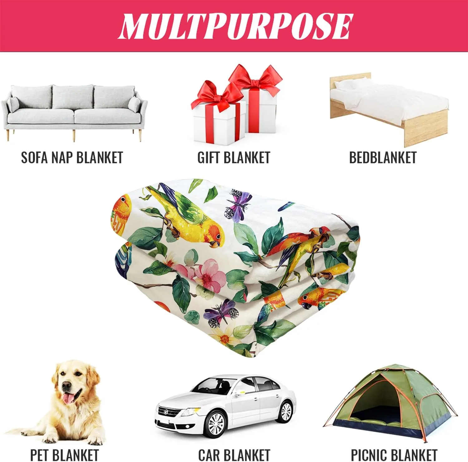 Floral Parrots Blanket, Flowers Leaves Butterfly Macaw Pattern, Super Soft Fleece Throw Blankets for Couch Sofa Bed, 50" x 60"