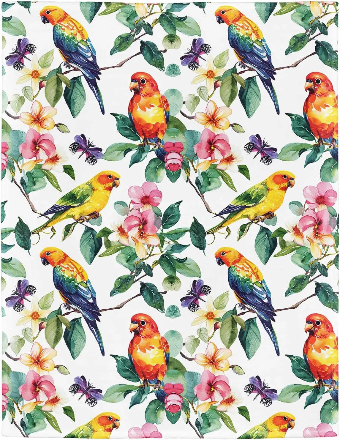 Floral Parrots Blanket, Flowers Leaves Butterfly Macaw Pattern, Super Soft Fleece Throw Blankets for Couch Sofa Bed, 50" x 60"