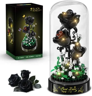 Flower Bouquet Building Set with LED Lights - 310 PCS Black Rose Building Blocks Kit with Cover, Mini Bricks Flowers Botanical Collection Valentine's Day Gift for Girls Adult Women Home Decor