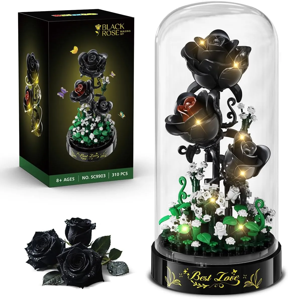 Flower Bouquet Building Set with LED Lights - 310 PCS Black Rose Building Blocks Kit with Cover, Mini Bricks Flowers Botanical Collection Valentine's Day Gift for Girls Adult Women Home Decor