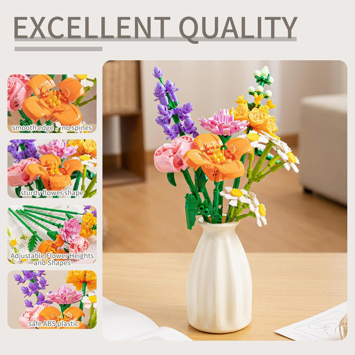 Flower Bouquet Building Blocks Set - Artificial Flowers with Roses for Home Decor, Unique Gift for Her or Him for Mother's Day Birthday Gift, DIY Mini Micro Bricks Kits with Vase