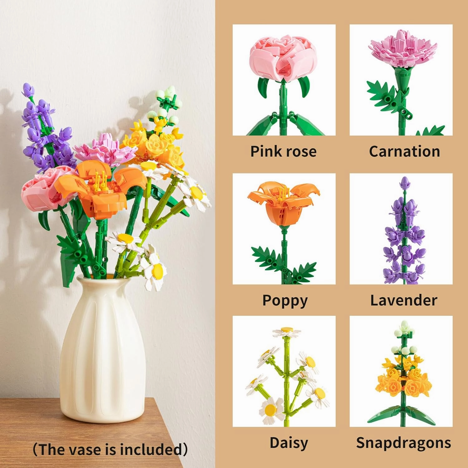 Flower Bouquet Building Blocks Set - Artificial Flowers with Roses for Home Decor, Unique Gift for Her or Him for Mother's Day Birthday Gift, DIY Mini Micro Bricks Kits with Vase