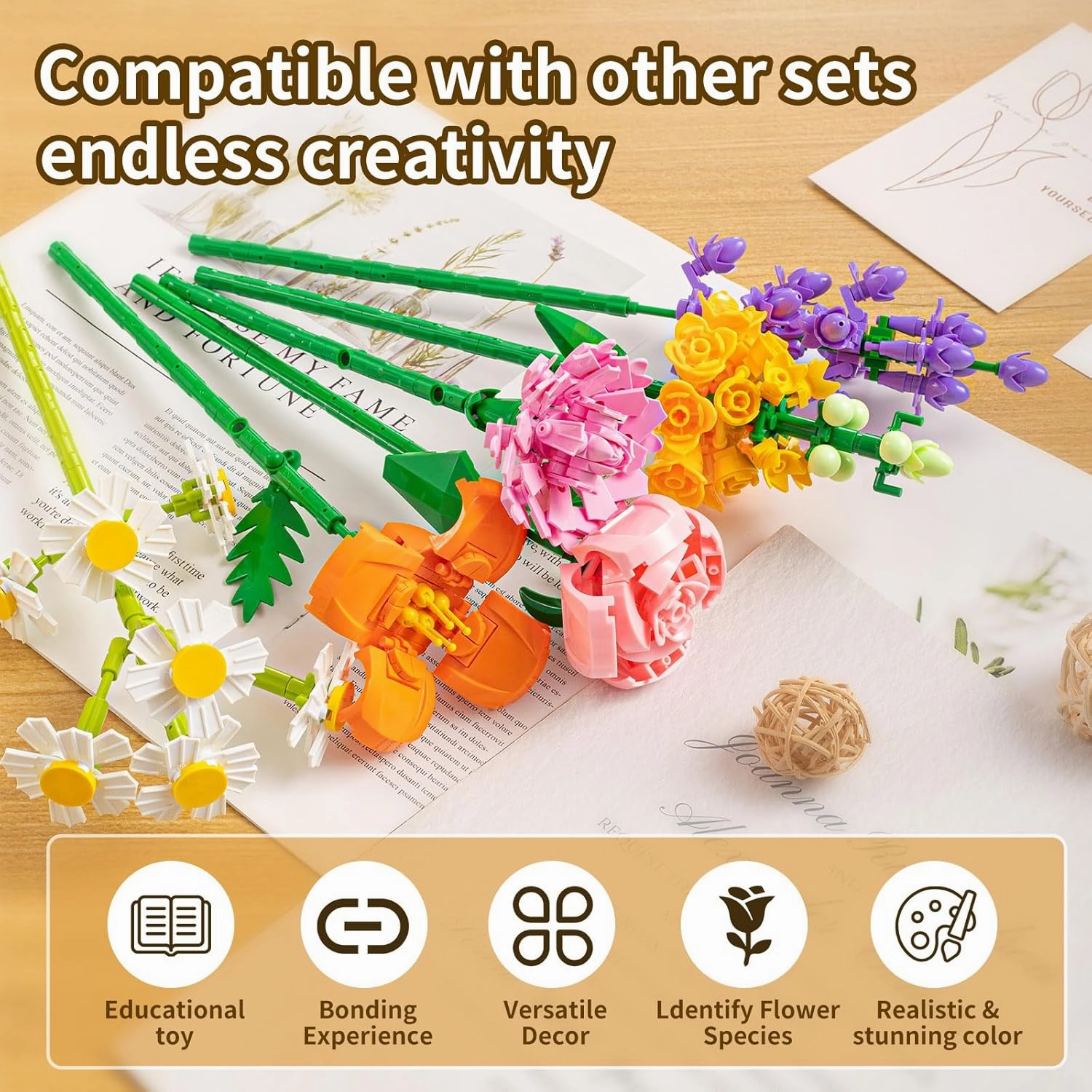Flower Bouquet Building Blocks Set - Artificial Flowers with Roses for Home Decor, Unique Gift for Her or Him for Mother's Day Birthday Gift, DIY Mini Micro Bricks Kits with Vase