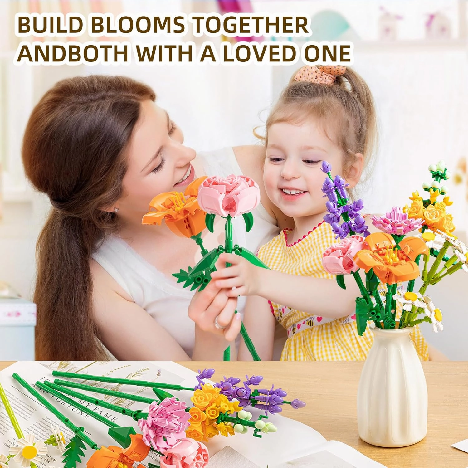 Flower Bouquet Building Blocks Set - Artificial Flowers with Roses for Home Decor, Unique Gift for Her or Him for Mother's Day Birthday Gift, DIY Mini Micro Bricks Kits with Vase