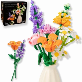Flower Bouquet Building Blocks Set - Artificial Flowers with Roses for Home Decor, Unique Gift for Her or Him for Mother's Day Birthday Gift, DIY Mini Micro Bricks Kits with Vase