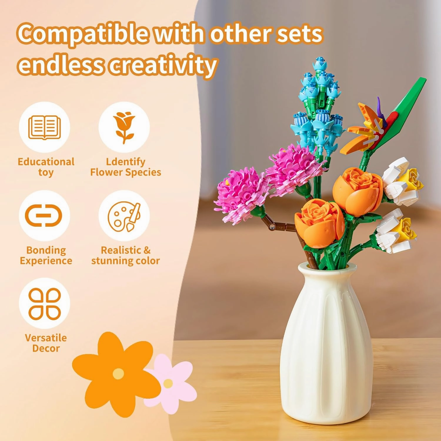 Flower Bouquet Building Set with Vase - Artificial Wildflower Botanical Collection Building Block, Plant Flower Kit, DIY Mini Micro Bricks Home Decor Gift for Birthday Mother's Day