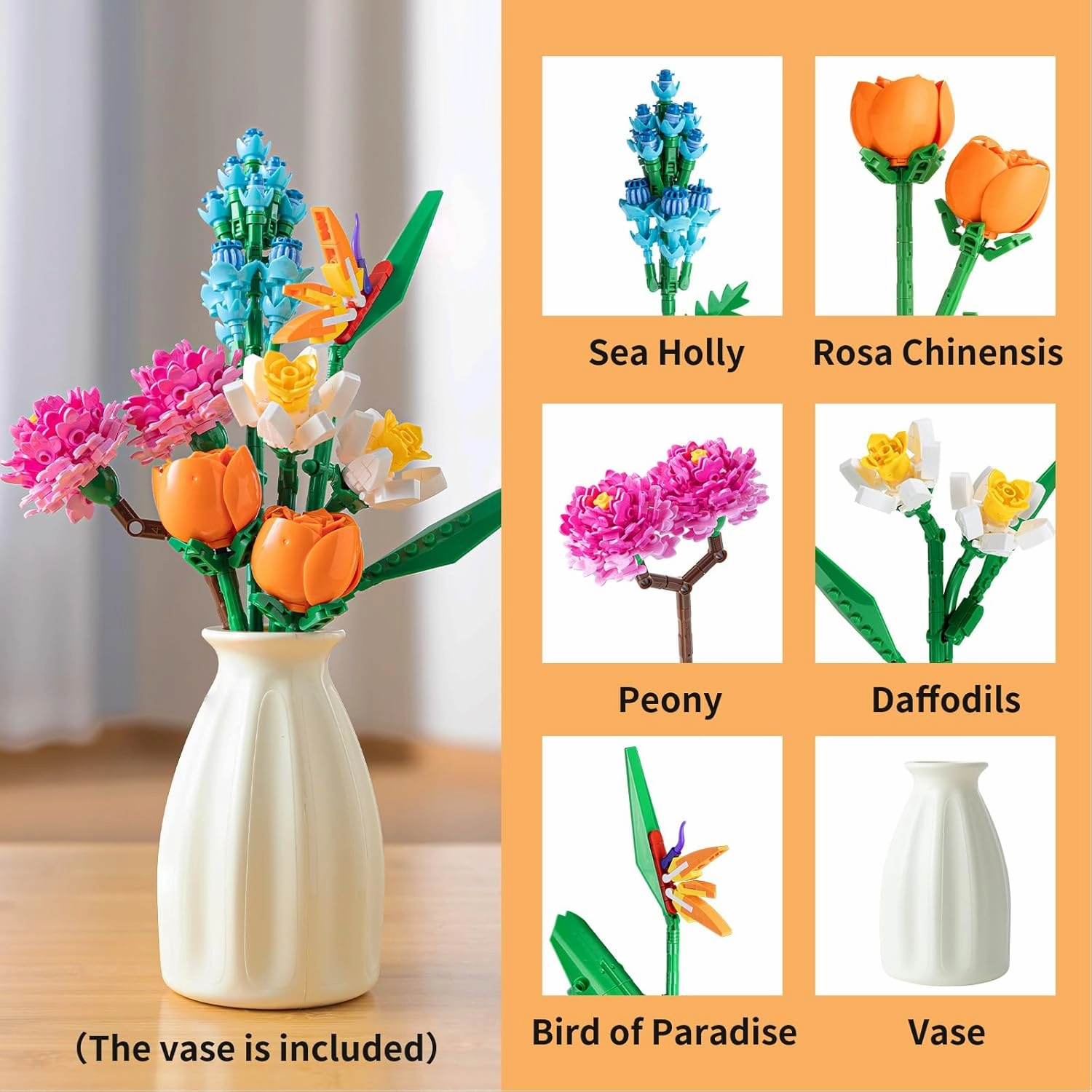 Flower Bouquet Building Set with Vase - Artificial Wildflower Botanical Collection Building Block, Plant Flower Kit, DIY Mini Micro Bricks Home Decor Gift for Birthday Mother's Day