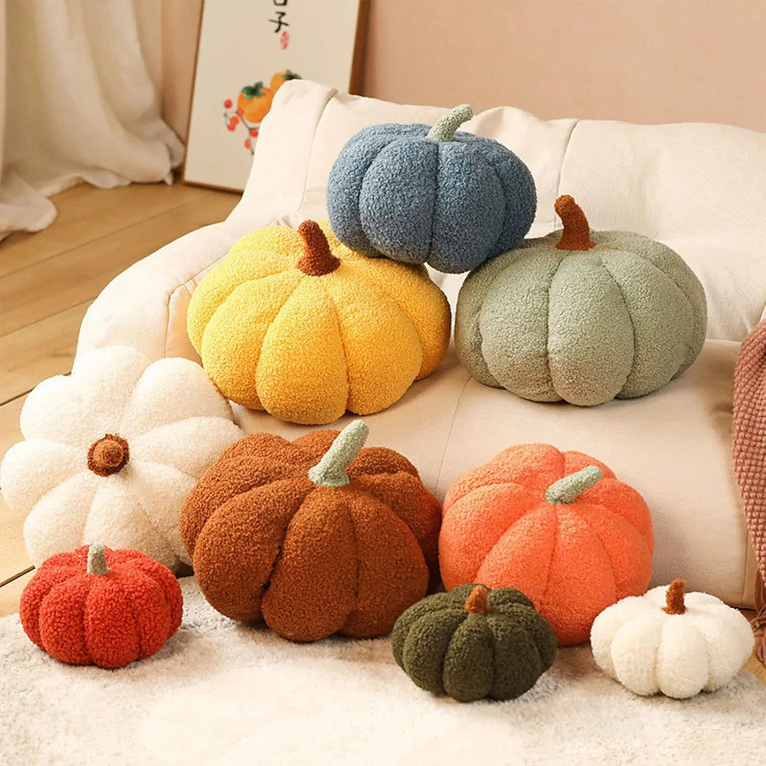 Fluffy 8 inch Halloween Pumpkin Plush Toys Soft Pumpkin Throw Pillow Gifts for Home Decoration Party Favors 14 inch, Blue