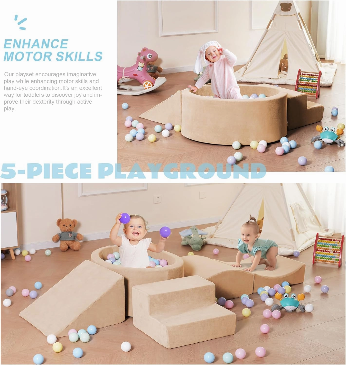 Foam Climbing Blocks with Ball Pit Designed for Toddlers Aged 1-3 -Great for Indoor Crawling, Inside Foam Playground Set for Little Ones to Active Playing -(Balls NOT Included) Beige