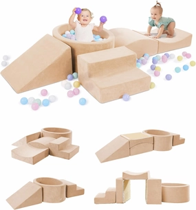 Foam Climbing Blocks with Ball Pit Designed for Toddlers Aged 1-3 -Great for Indoor Crawling, Inside Foam Playground Set for Little Ones to Active Playing -(Balls NOT Included) Beige