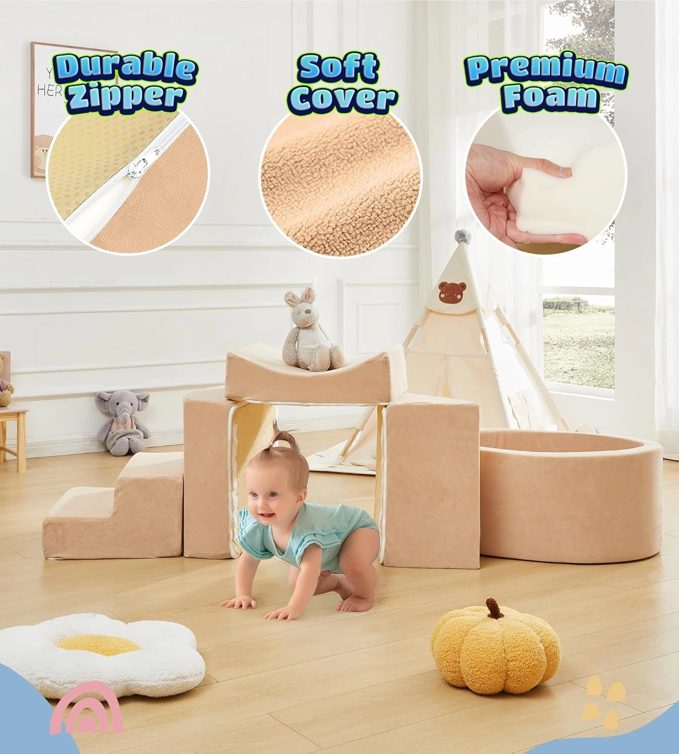 Foam Climbing Blocks with Ball Pit Designed for Toddlers Aged 1-3 -Great for Indoor Crawling, Inside Foam Playground Set for Little Ones to Active Playing -(Balls NOT Included) Beige