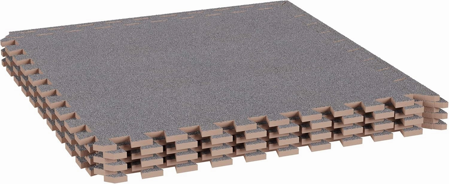 Foam Mat Floor Tiles 6PC Set - Interlocking EVA Foam Padding with Soft Carpet Top for Exercise, Yoga, Playroom, Garage, or Basement by Stalwart (Gray)