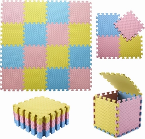 Foam Play Mat for Baby, 0.4 Inch Thick Foam Interlocking Floor Mats, Soft Non-Toxic Baby Playmat, Solid Colored Puzzle Play Mat Kids Floor Mats, 16 Tiles, Loli Pink/Light Blue/Yellow