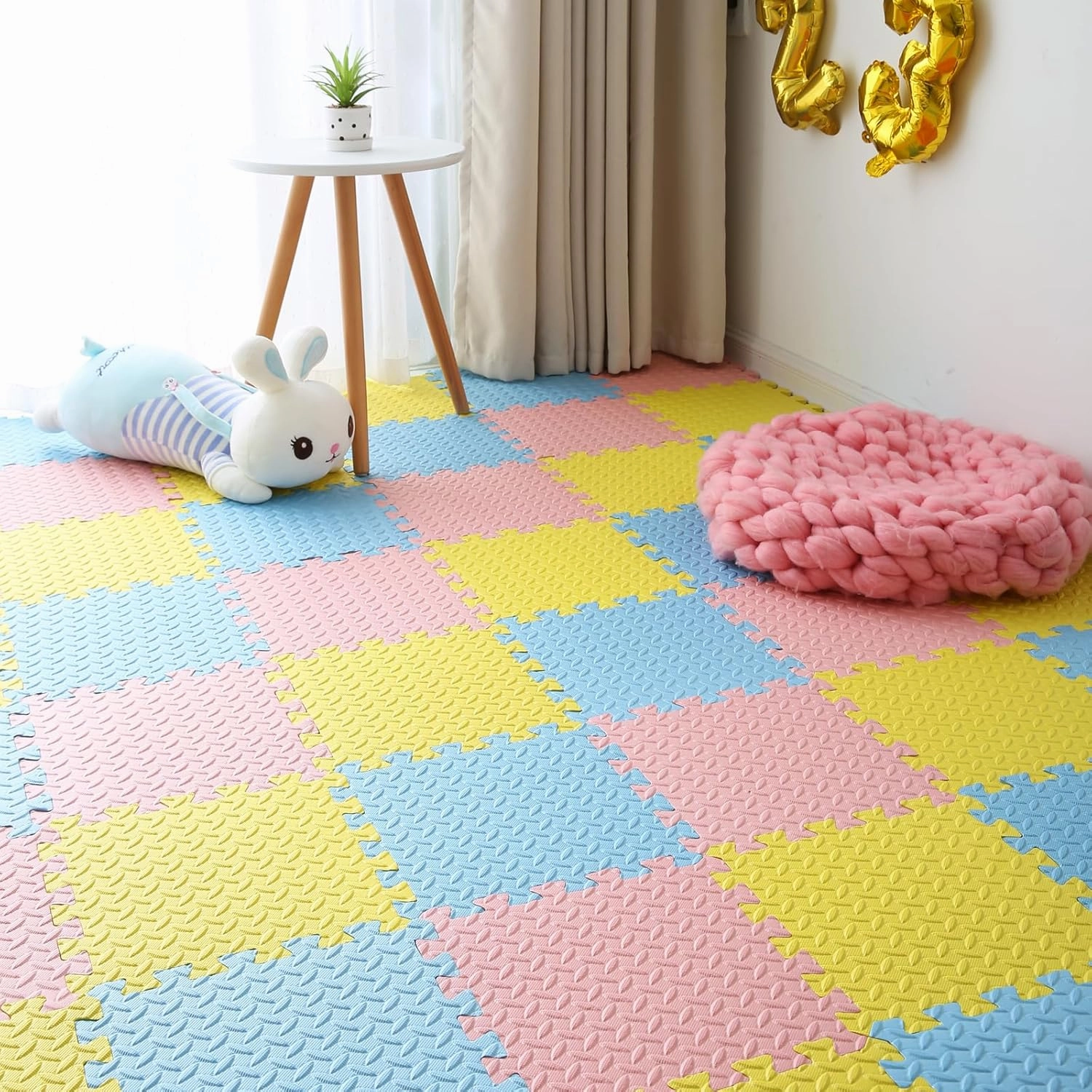 Foam Play Mat for Baby, 0.4 Inch Thick Foam Interlocking Floor Mats, Soft Non-Toxic Baby Playmat, Solid Colored Puzzle Play Mat Kids Floor Mats, 16 Tiles, Loli Pink/Light Blue/Yellow
