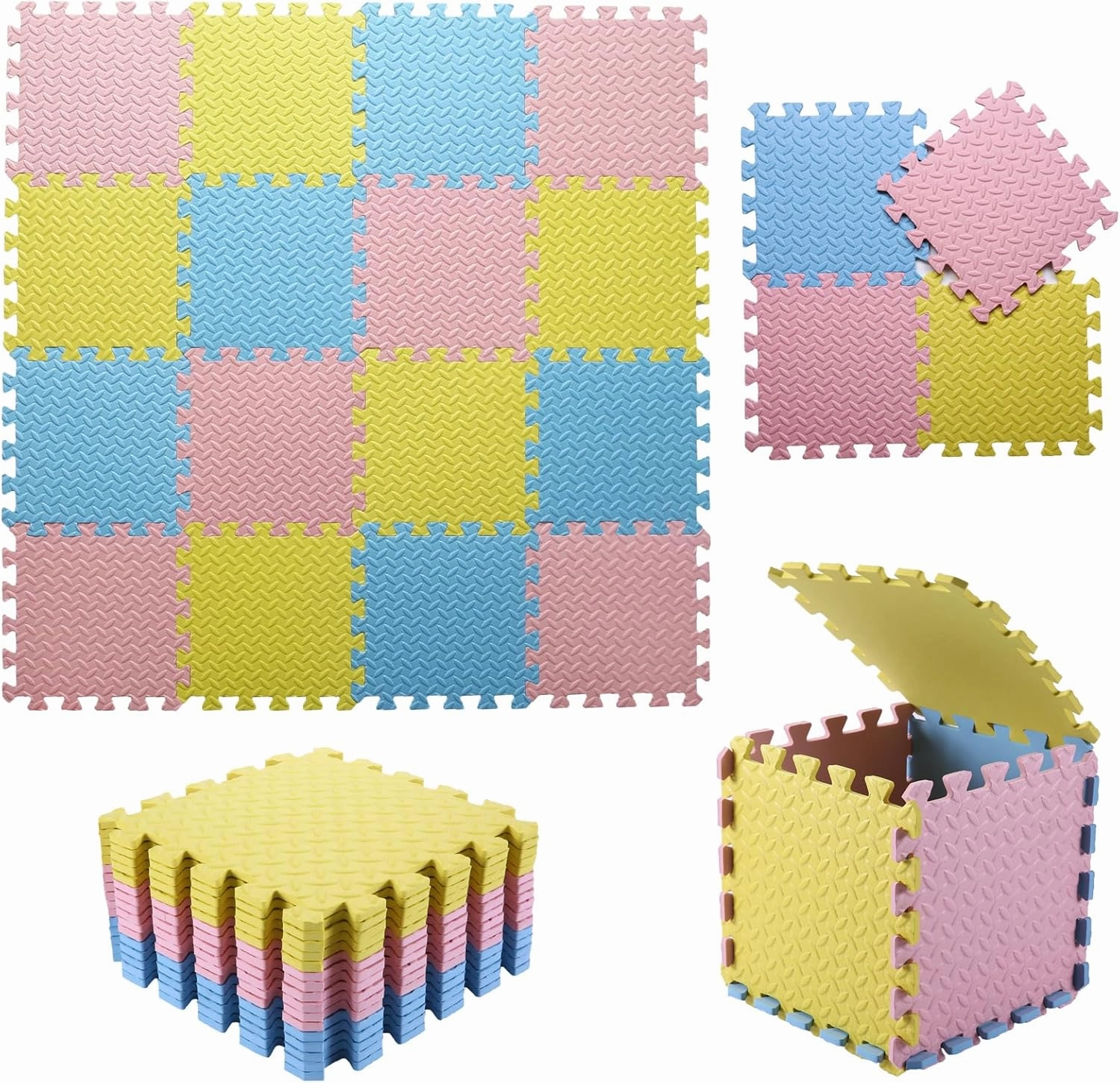Foam Play Mat for Baby, 0.4 Inch Thick Foam Interlocking Floor Mats, Soft Non-Toxic Baby Playmat, Solid Colored Puzzle Play Mat Kids Floor Mats, 16 Tiles, Loli Pink/Light Blue/Yellow