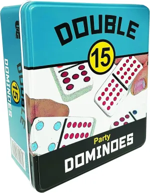 Front Porch Classics, Double 15 Color Dot Dominoes Set On-The-Go Travel Storage Tin, 2 to 12 Players Ages 8 to 99