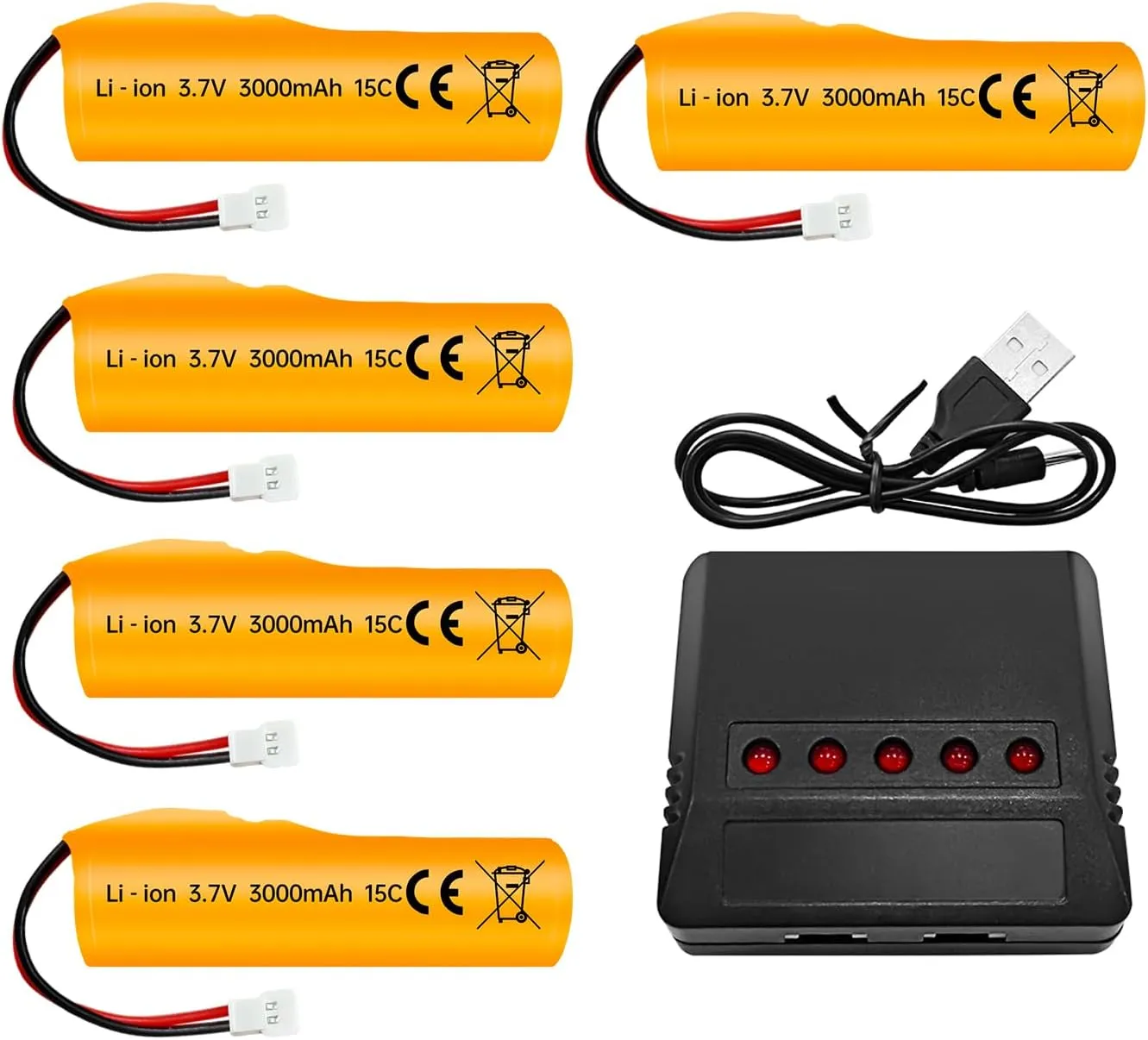 Fytoo 5PCS 3.7V 3000mAh Li-ion Battery with Molex Plug with 5-in-1 Charger for RC Engineering Cars Drift Cars Trucks Off-Road Vehicles Remote Control Cars High Speed Climbing Racing Cars RC Boats