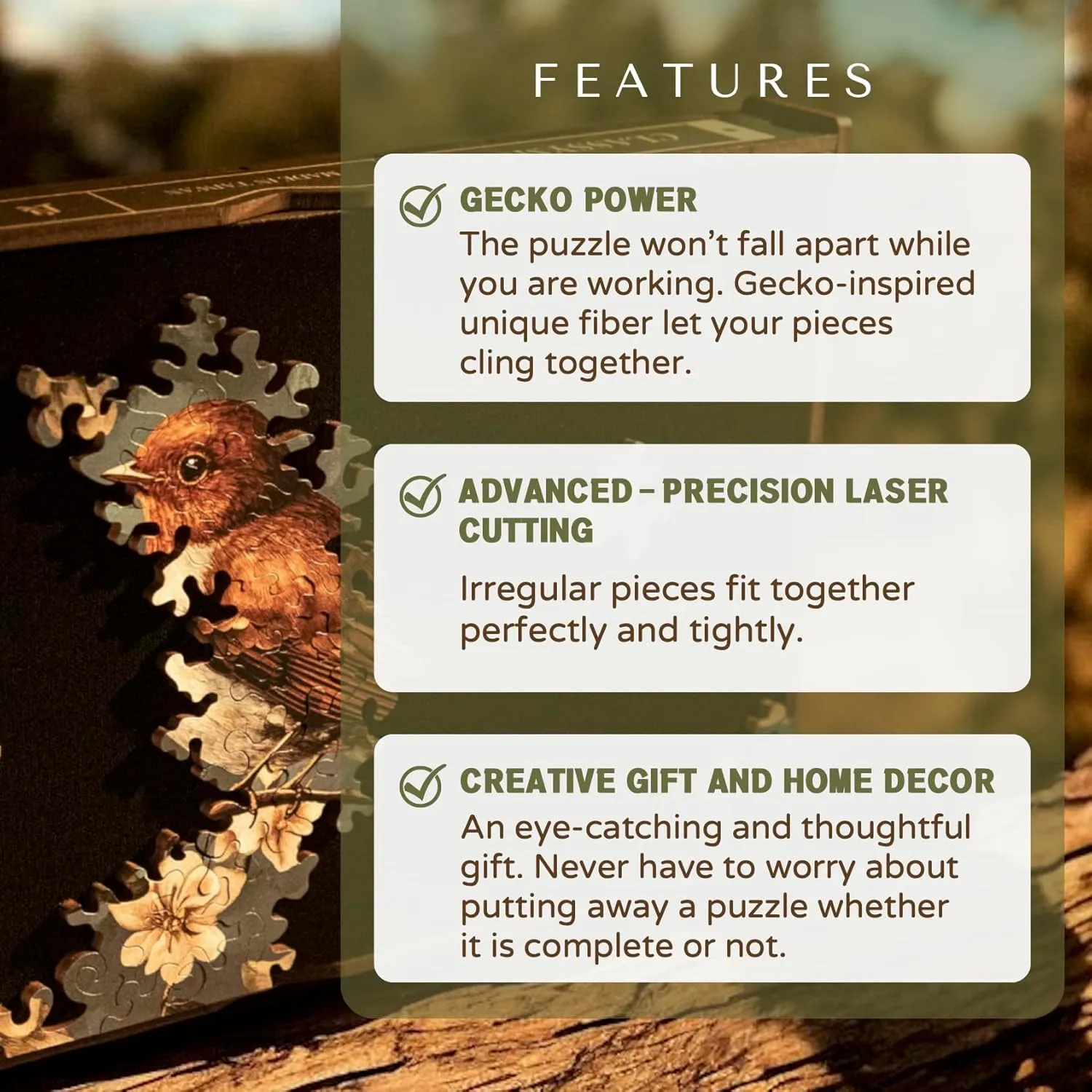 Gecko Power Puzzle with Frame for Adults, 150 Piece Premium Wooden Jigsaw Puzzles, Cool Creative Puzzle Gift, Puzzle Frame Included (Fields of Wonder)