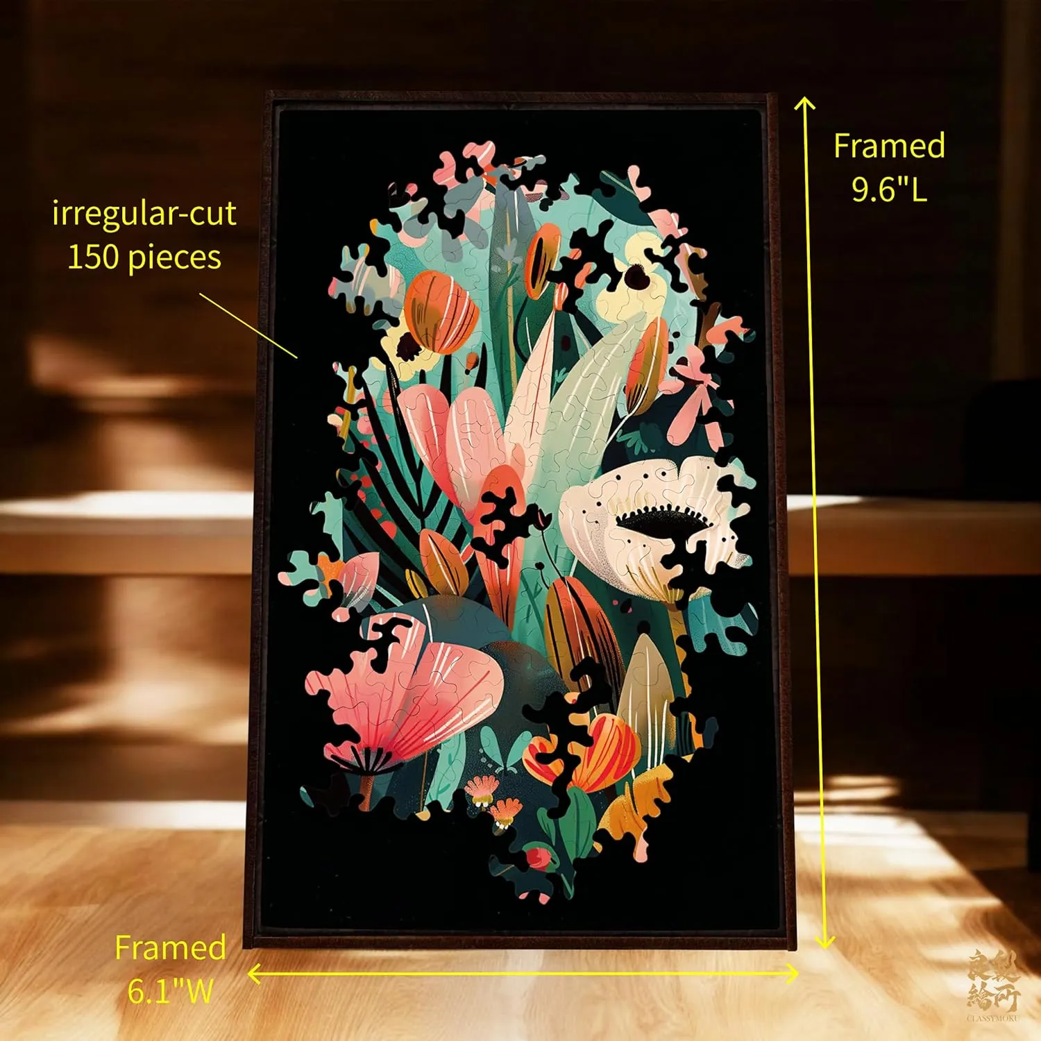 Gecko Power Puzzle with Frame for Adults, 150 Piece Premium Wooden Jigsaw Puzzles, Cool Creative Puzzle Gift, Puzzle Frame Included (Fields of Wonder)