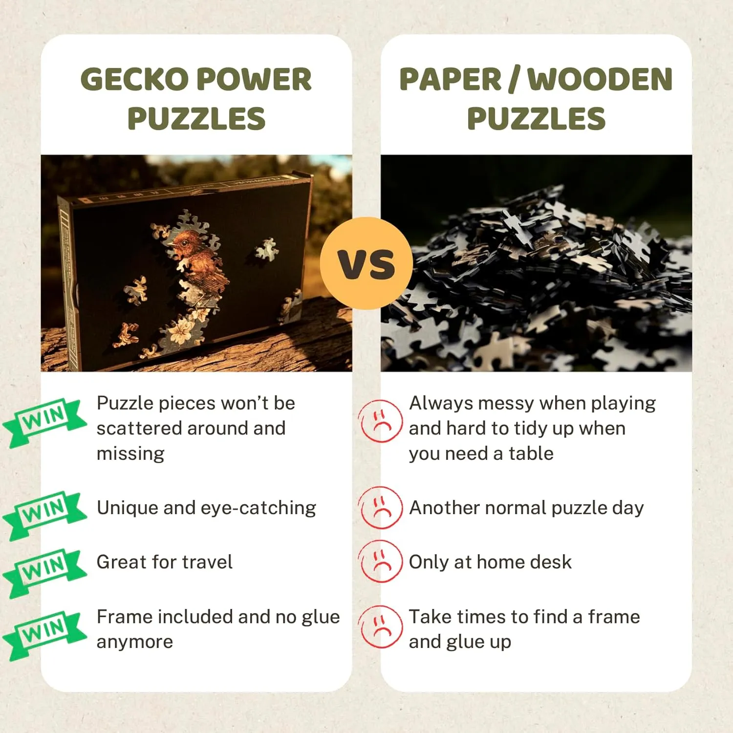 Gecko Power Puzzle with Frame for Adults, 150 Piece Premium Wooden Jigsaw Puzzles, Cool Creative Puzzle Gift, Puzzle Frame Included (Fields of Wonder)