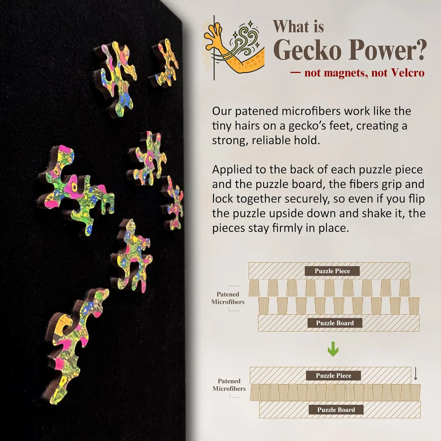 Gecko Power Puzzle with Frame for Adults, 150 Piece Premium Wooden Jigsaw Puzzles, Cool Creative Puzzle Gift, Puzzle Frame Included (Fields of Wonder)
