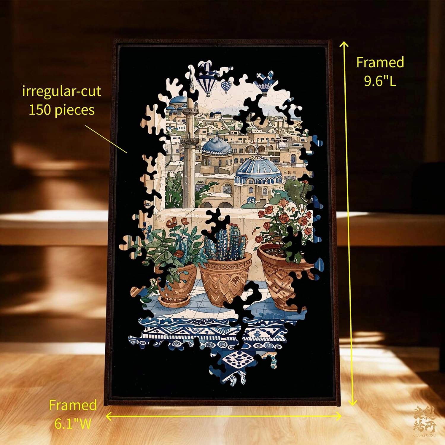 Gecko Power Puzzle with Frame for Adults, 150 Piece Premium Wooden Jigsaw Puzzles, Cool Creative Puzzle Gift, Puzzle Frame Included (Mediterranean Retreat)