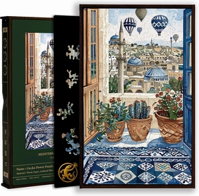 Gecko Power Puzzle with Frame for Adults, 150 Piece Premium Wooden Jigsaw Puzzles, Cool Creative Puzzle Gift, Puzzle Frame Included (Mediterranean Retreat)