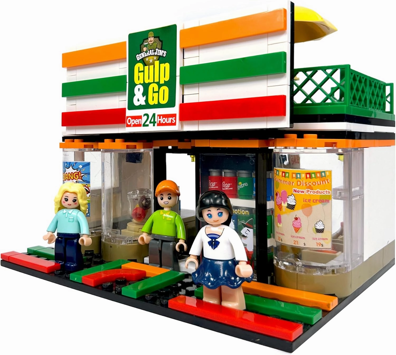 General Jim's 'Gulp & Go' Modular Convenience Store & Gas Station Building Blocks Set – 320-Piece Urban Street Corner Kit with Accessories, Treats & 2 Figurines – Compatible with Major Brick Brands