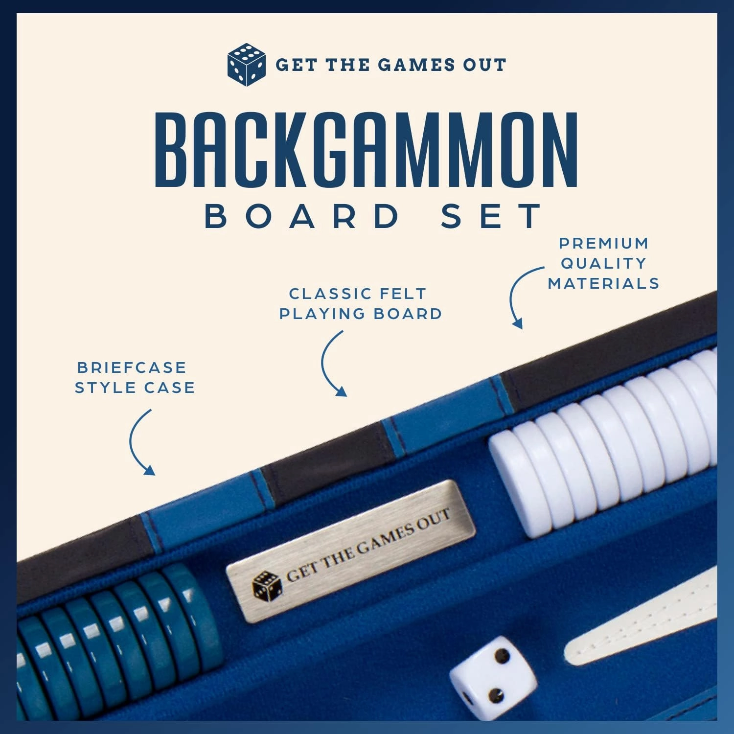 Get The Games Out Top Backgammon Set - Classic Board Game Case - Best Strategy & Tip Guide - Available in Small, Medium and Large Sizes (Blue, Large)